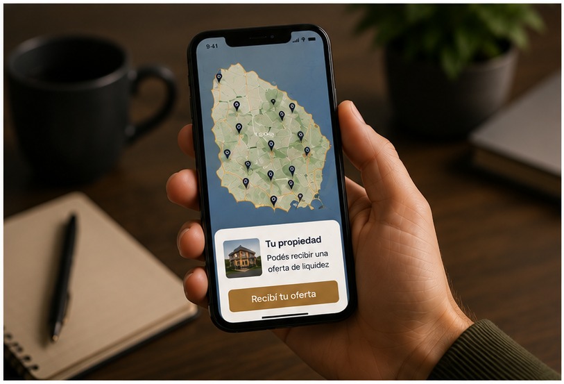 Celular con mapa de Uruguay, marcadores de propiedad y oferta de liquidez